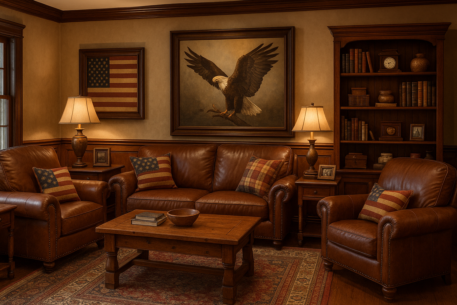 Bring history and heart into your living space with décor that honors tradition—eagles, flags, heirloom woods, and warm finishes that feel like home.