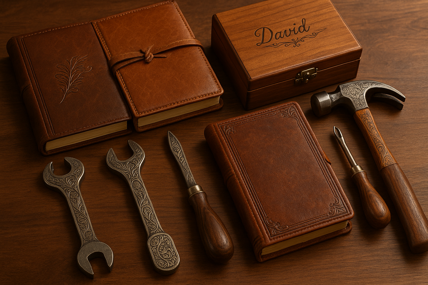 Engraved tools, leather journals, and keepsake boxes built to be gifted, used, and handed down.