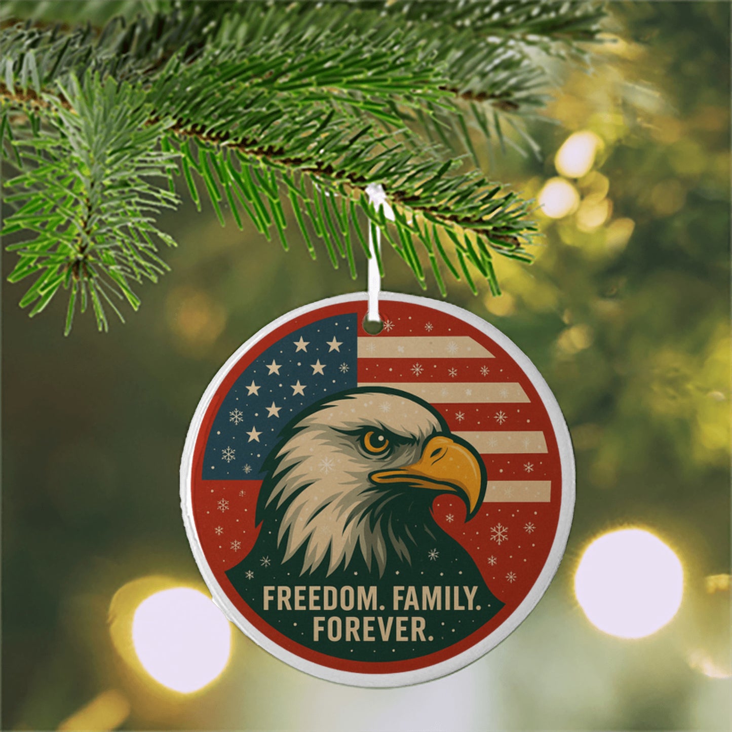 Freedom. Family. Forever. Patriotic Christmas Ornament – Bald Eagle Holiday Decor (3" Ceramic)