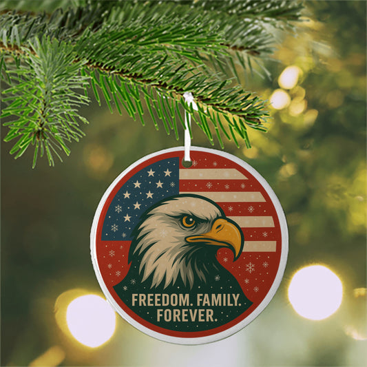 Freedom. Family. Forever. Patriotic Christmas Ornament – Bald Eagle Holiday Decor (3" Ceramic)