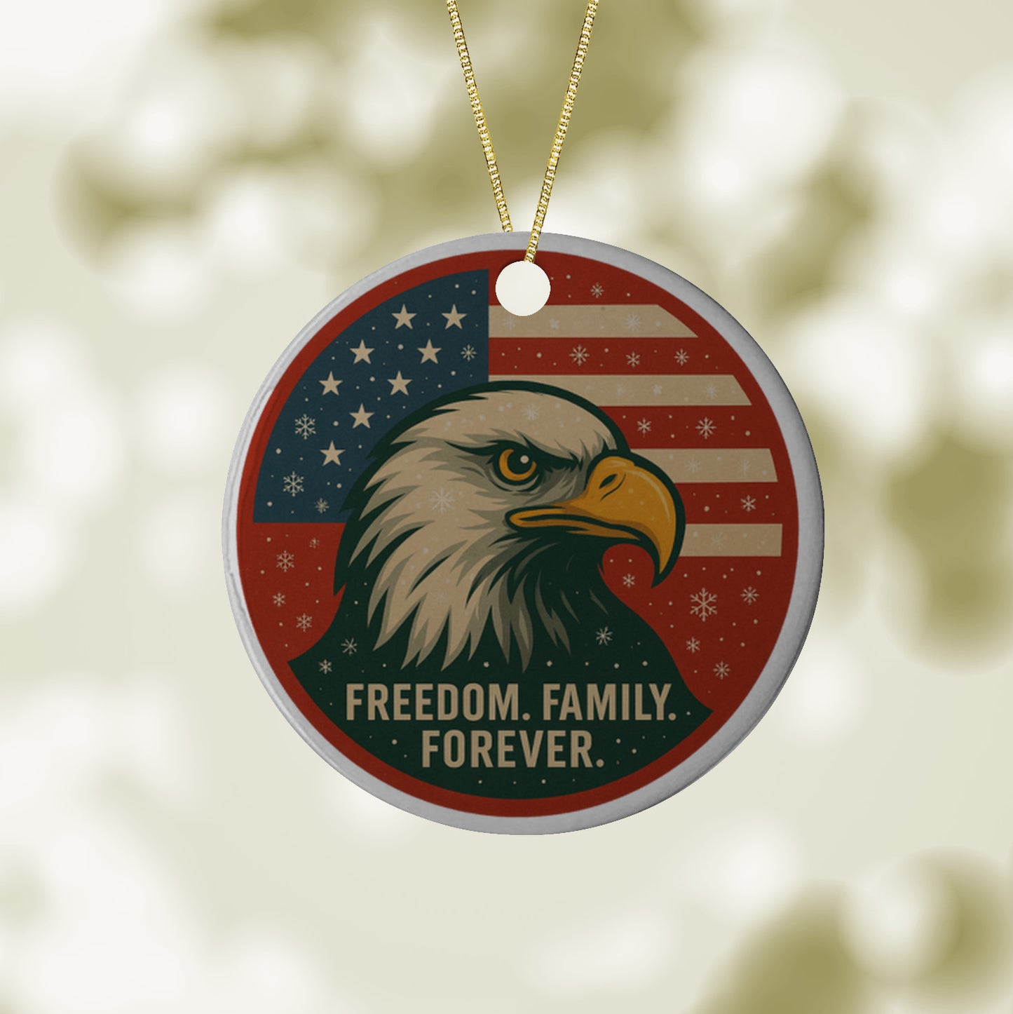 Freedom. Family. Forever. Patriotic Christmas Ornament – Bald Eagle Holiday Decor (3" Ceramic)